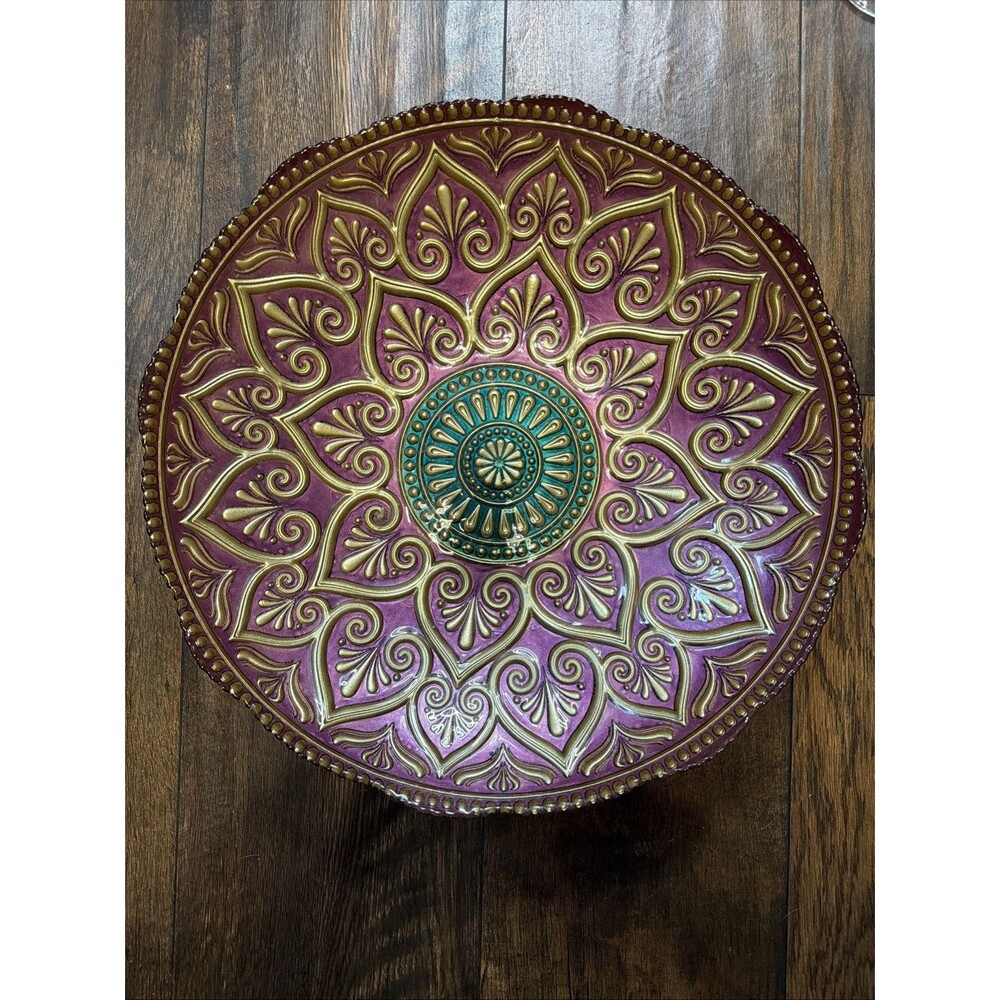 Large Green & Gold Turkish Art Glass Bowl: Hand-Painted Mandala Centerpiece 15”